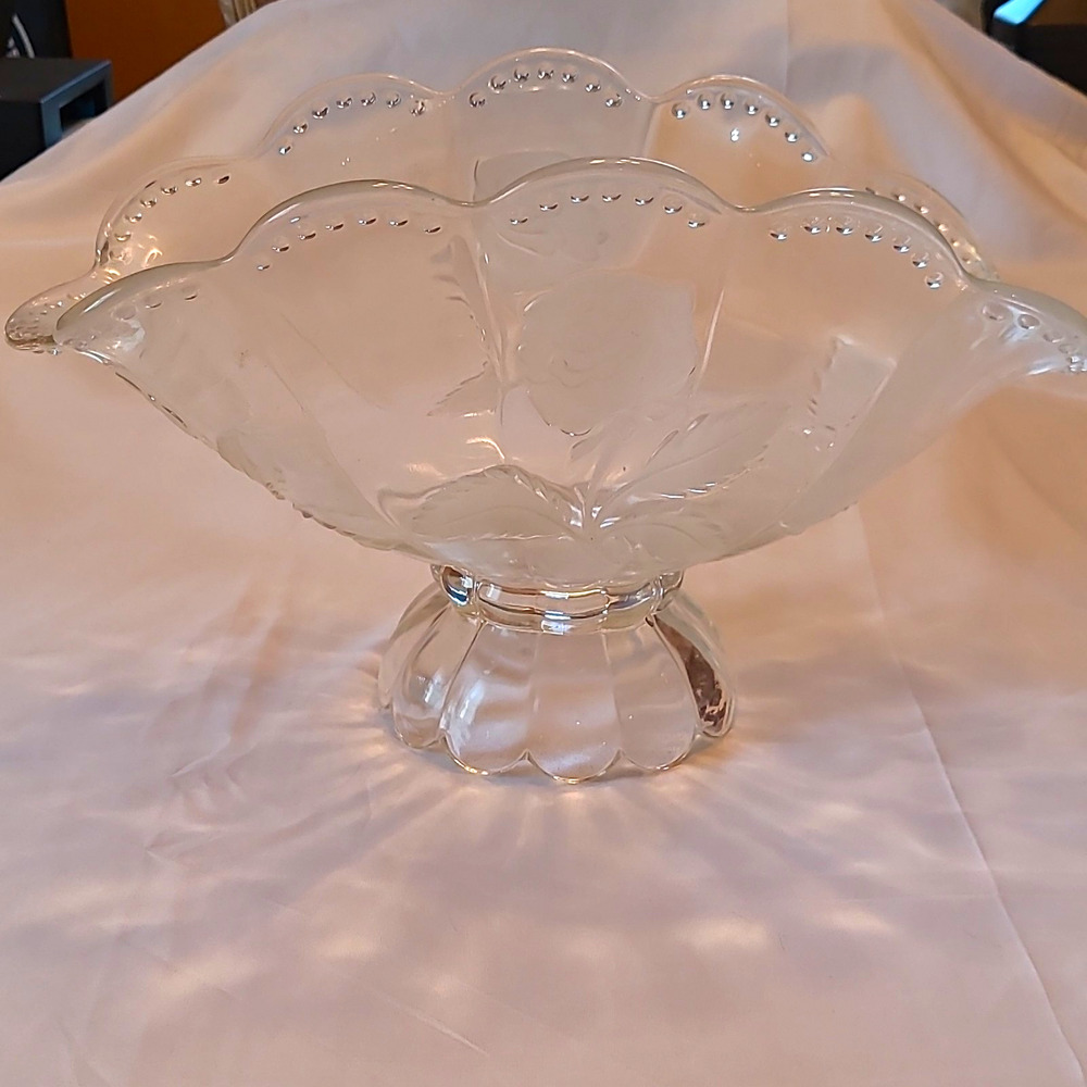 Vintage Imperlux Czechoslovakia Cut Crystal Pedestal Bowl Frosted Rose Scalloped